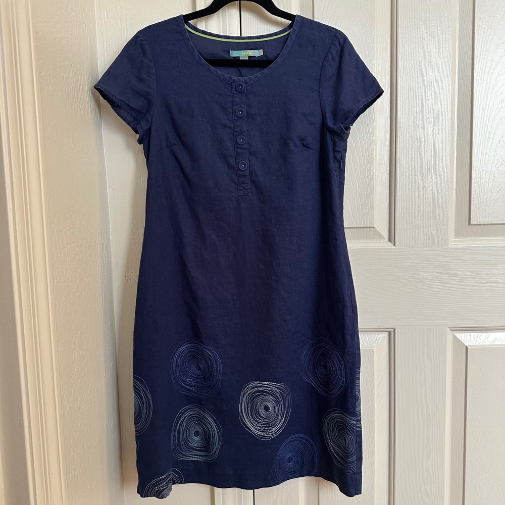 Boden Navy Blue Linen Blend Short Sleeve Button Neck Dress Circle Embroidery‎